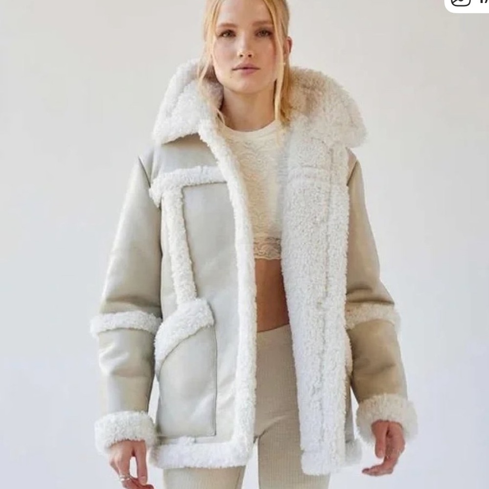 Urban Outfitters Faux Leather Teddy Jacket - Cream and White
